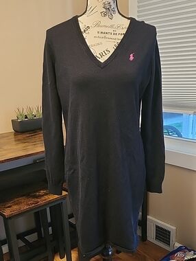 Ralph Lauren Navy V-Neck Sweater Dress with Pink Pony